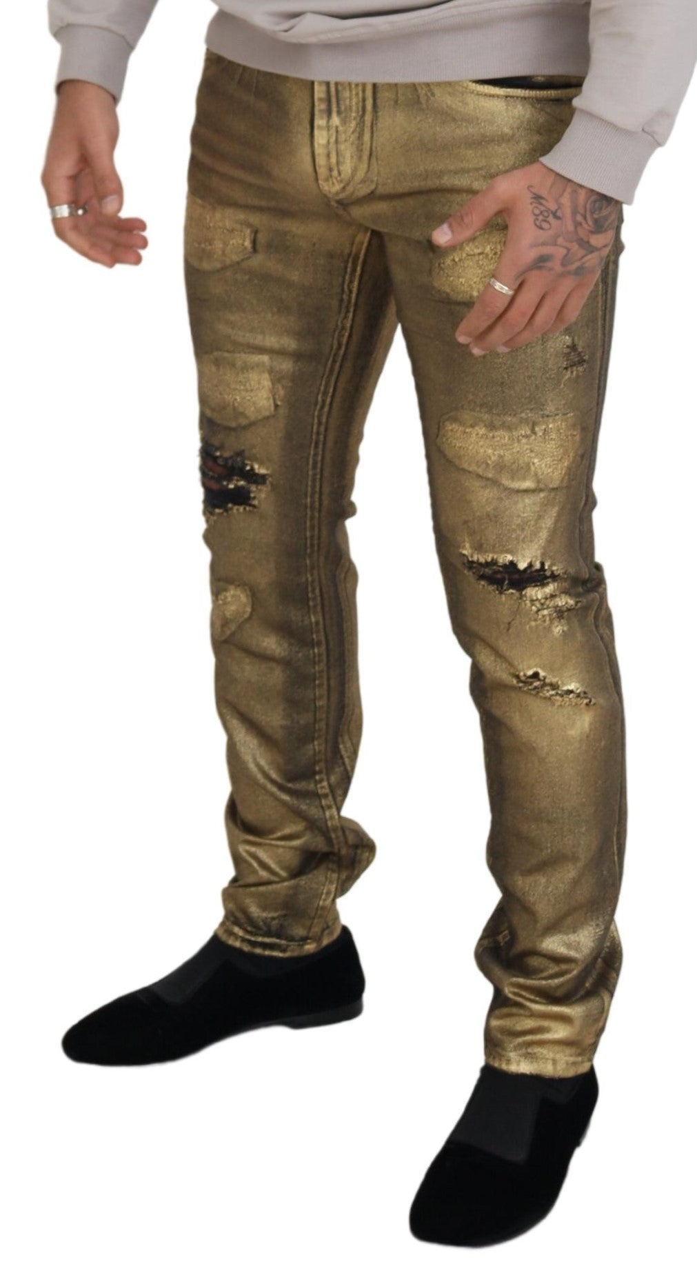 Dolce & Gabbana Gold Cotton Tattered Skinny Men Denim Jeans - Zeiniez