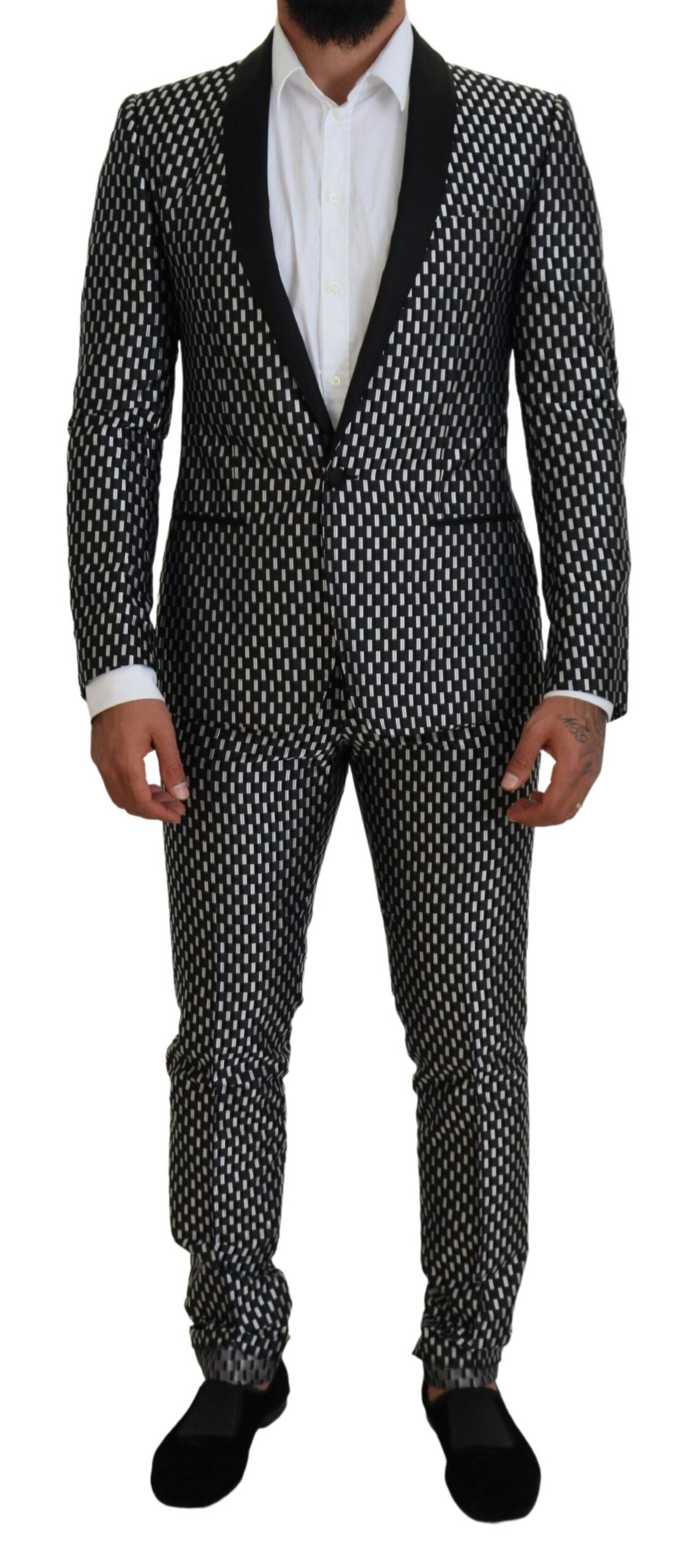 Dolce & Gabbana Black White Silk MARTINI Slim Fit Suit - Zeiniez