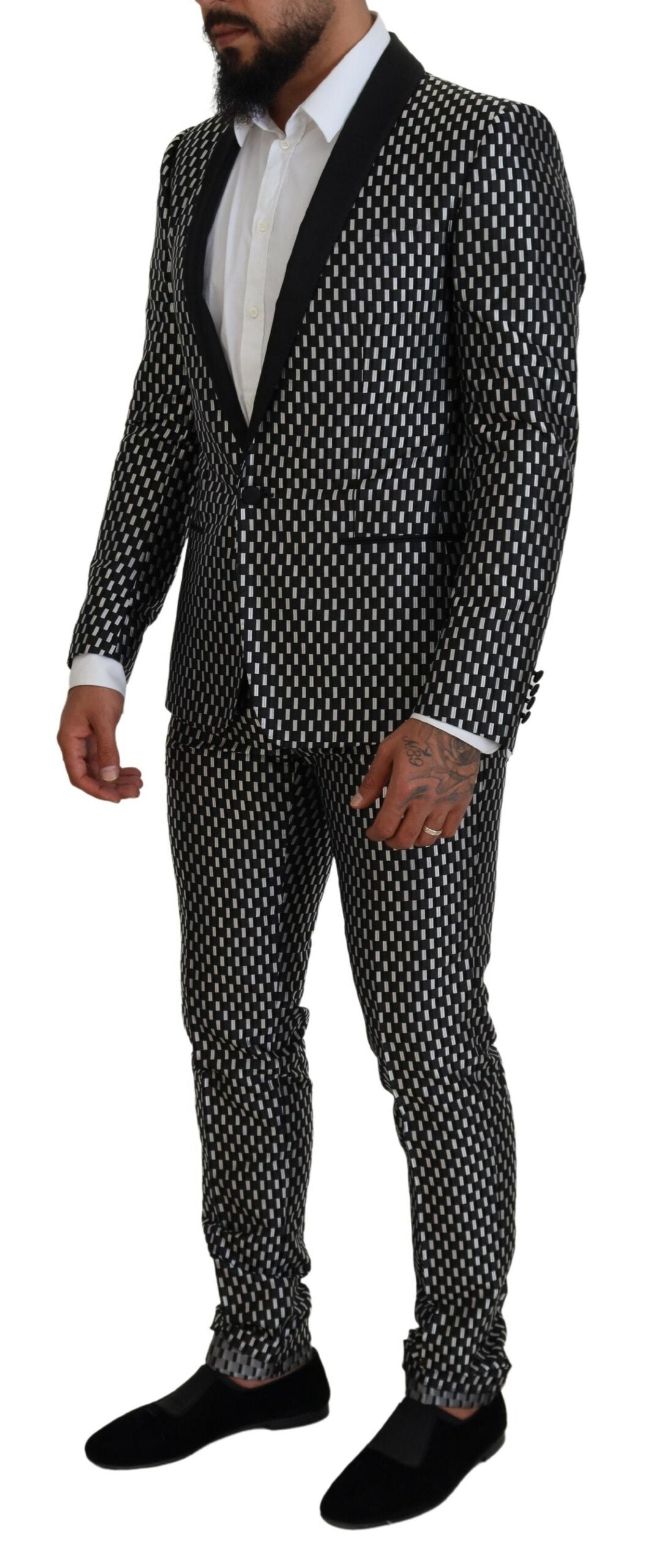 Dolce & Gabbana Black White Silk MARTINI Slim Fit Suit - Zeiniez