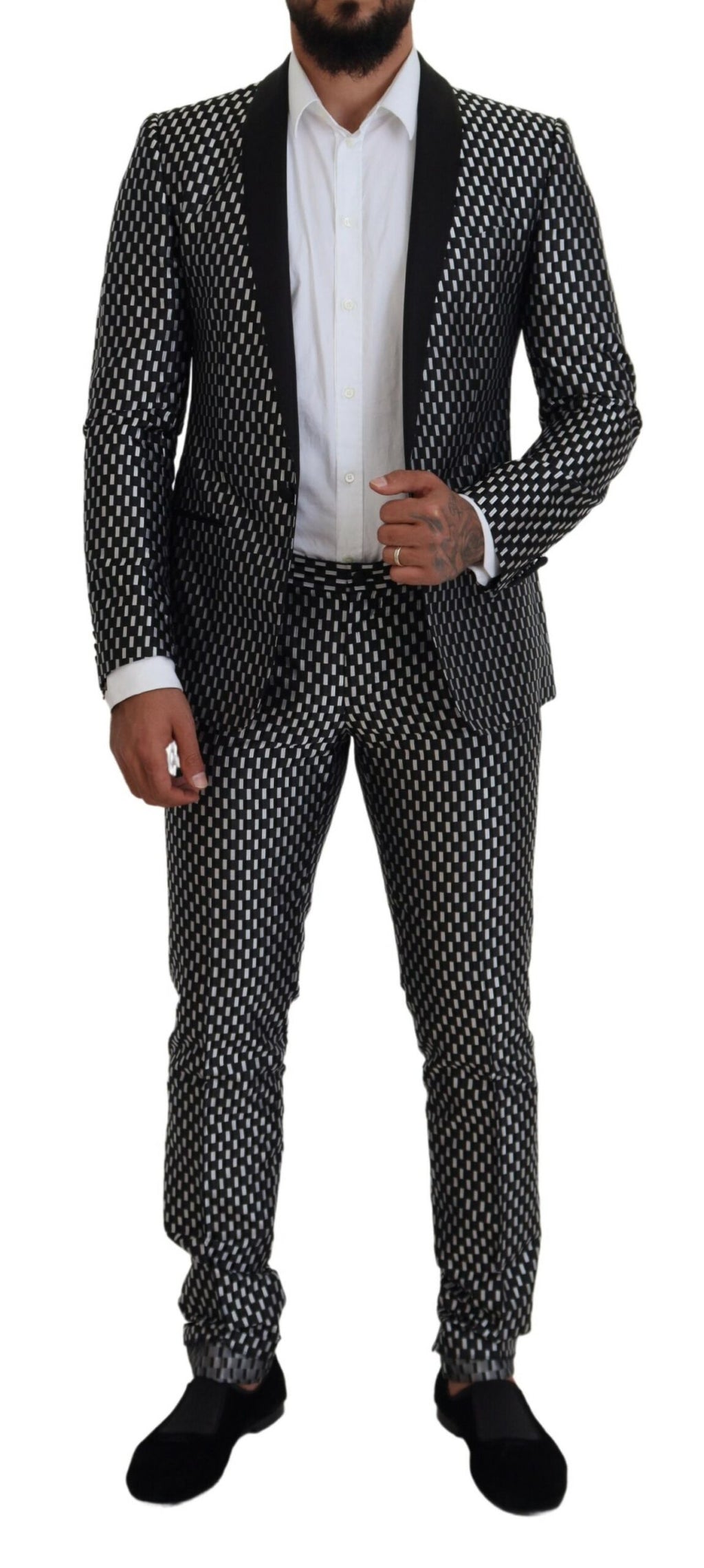 Dolce & Gabbana Black White Silk MARTINI Slim Fit Suit - Zeiniez