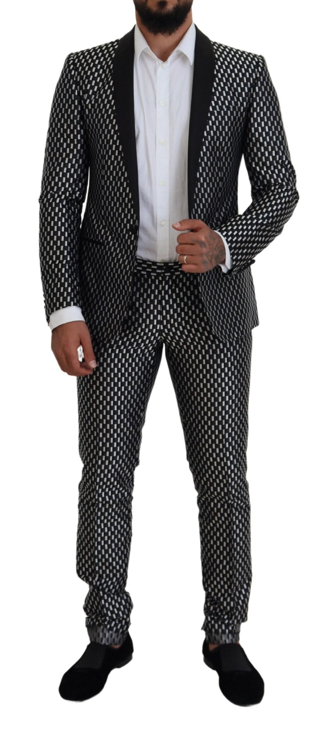 Dolce & Gabbana Black White Silk MARTINI Slim Fit Suit - Zeiniez