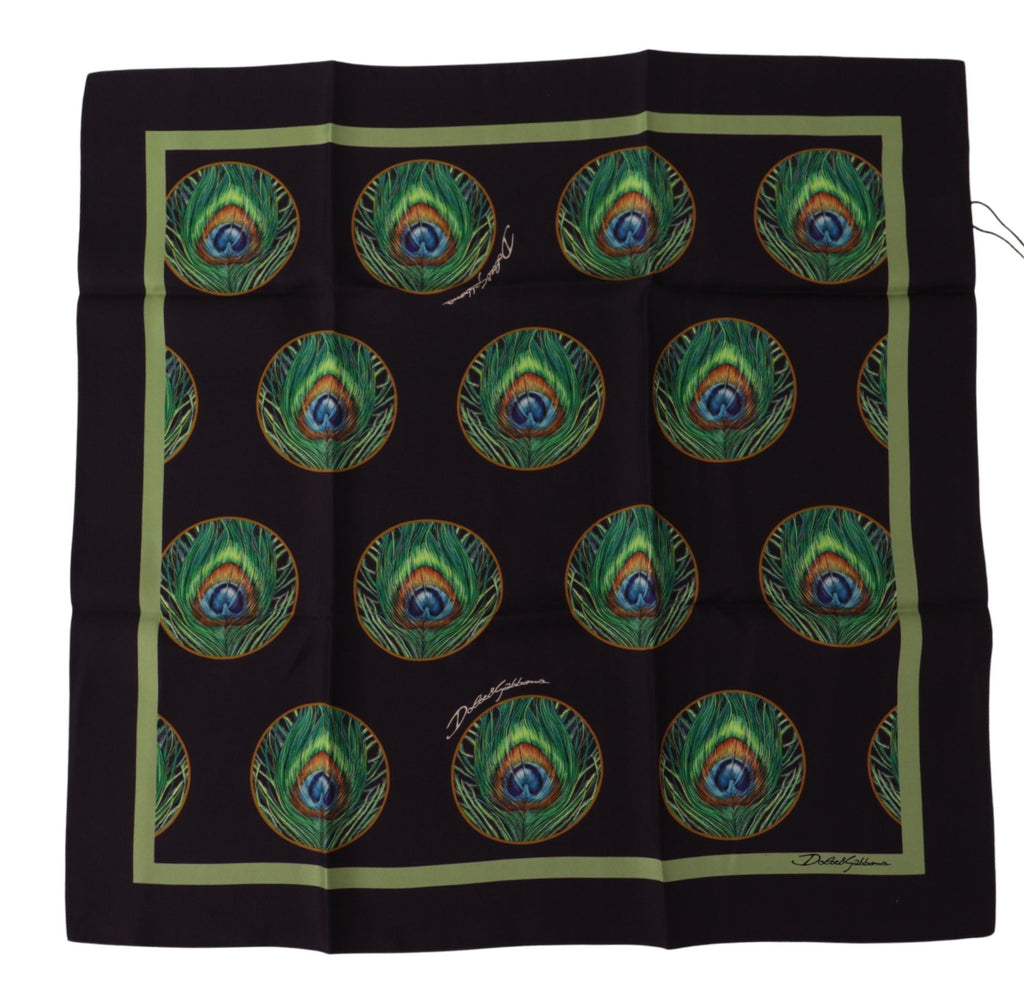 Dolce & Gabbana Black Peacock Feather DG Printed Square Handkerchief Scarf - Zeiniez
