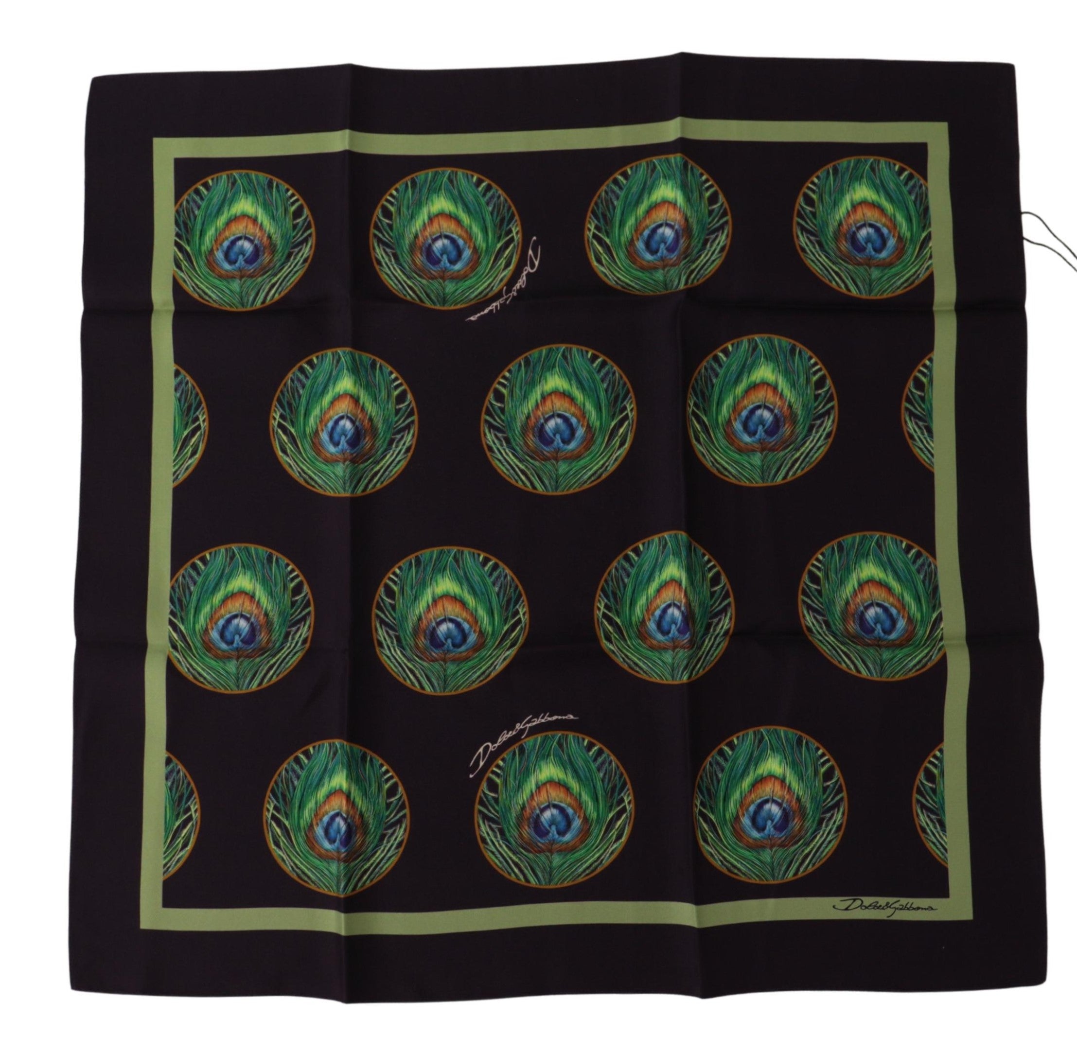 Dolce & Gabbana Black Peacock Feather DG Printed Square Handkerchief Scarf - Zeiniez