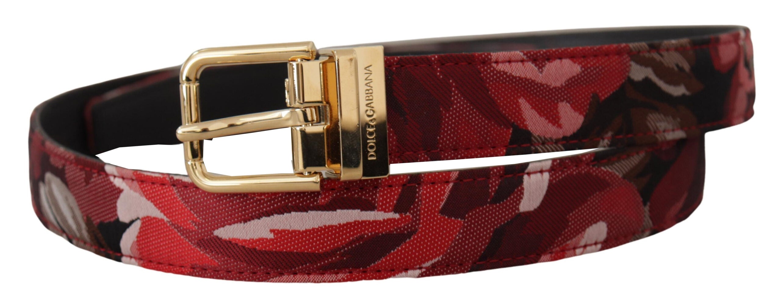 Dolce & Gabbana Red Jacquard Rose Leather Gold Metal Buckle Belt - Zeiniez