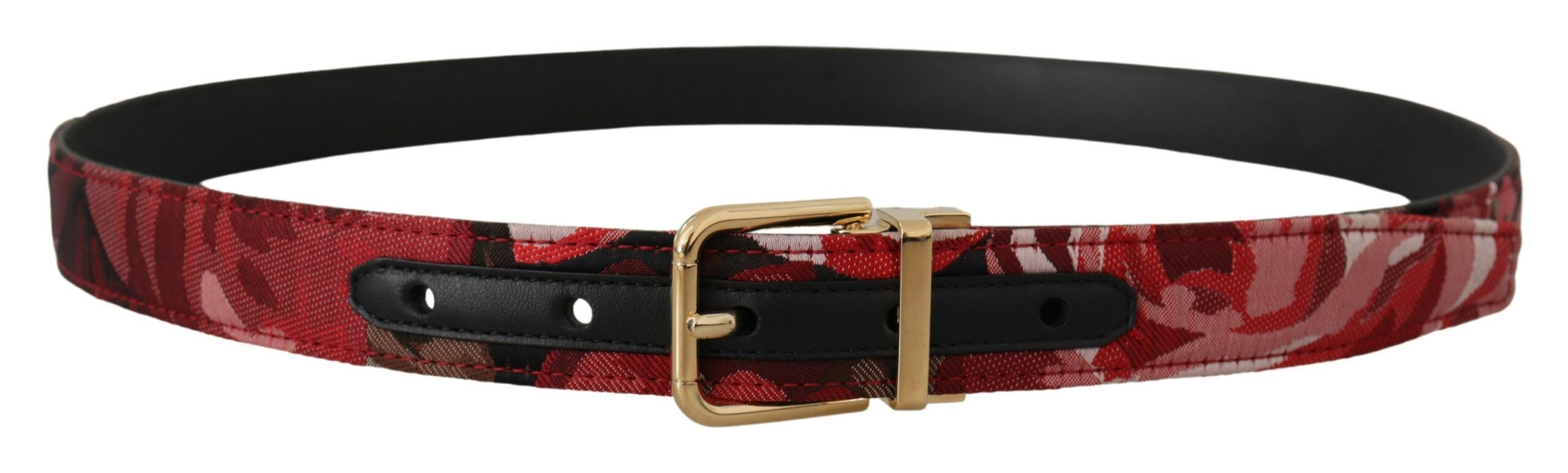 Dolce & Gabbana Red Jacquard Rose Leather Gold Metal Buckle Belt - Zeiniez