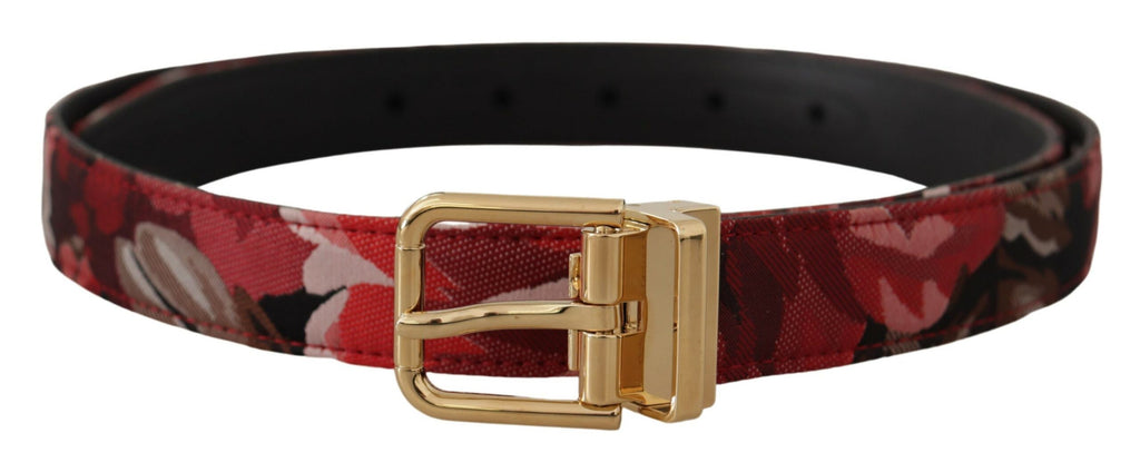 Dolce & Gabbana Red Jacquard Rose Leather Gold Metal Buckle Belt - Zeiniez