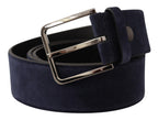 Dolce & Gabbana Navy Blue Velvet Leather Silver Logo Buckle Belt - Zeiniez