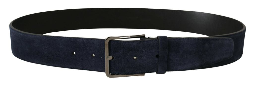 Dolce & Gabbana Navy Blue Velvet Leather Silver Logo Buckle Belt - Zeiniez