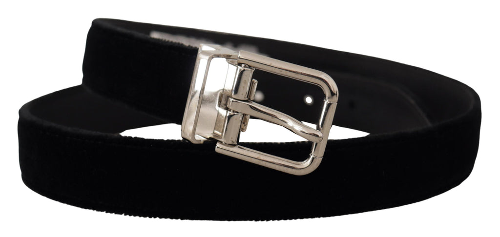 Dolce & Gabbana Black Velvet Silver Tone Metal Logo Buckle Belt - Zeiniez