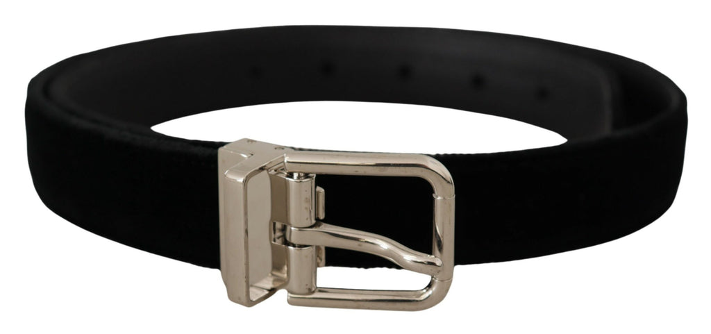 Dolce & Gabbana Black Velvet Silver Tone Metal Logo Buckle Belt - Zeiniez