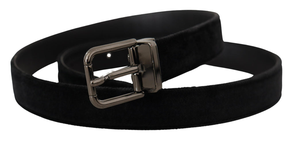 Dolce & Gabbana Black Velvet Silver Tone Logo Metal Buckle Belt - Zeiniez