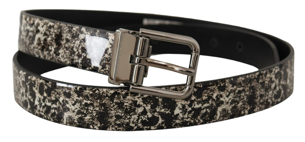 Dolce & Gabbana Black Marble Print Leather Silver Logo Buckle Belt - Zeiniez