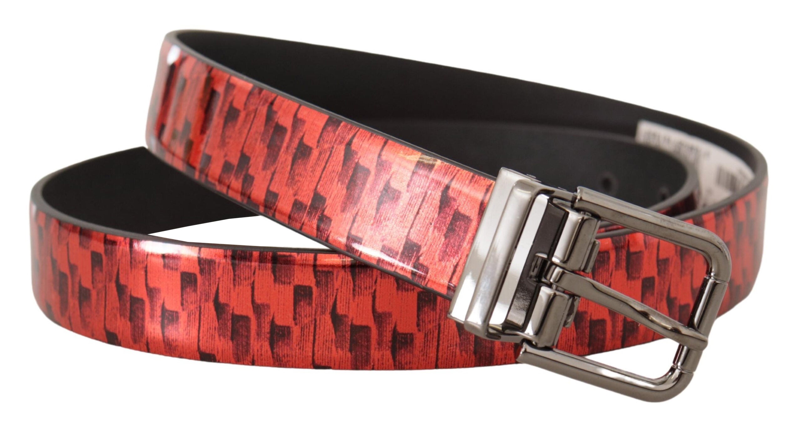 Dolce & Gabbana Red Herringbone Leather Gray Tone Buckle Belt - Zeiniez