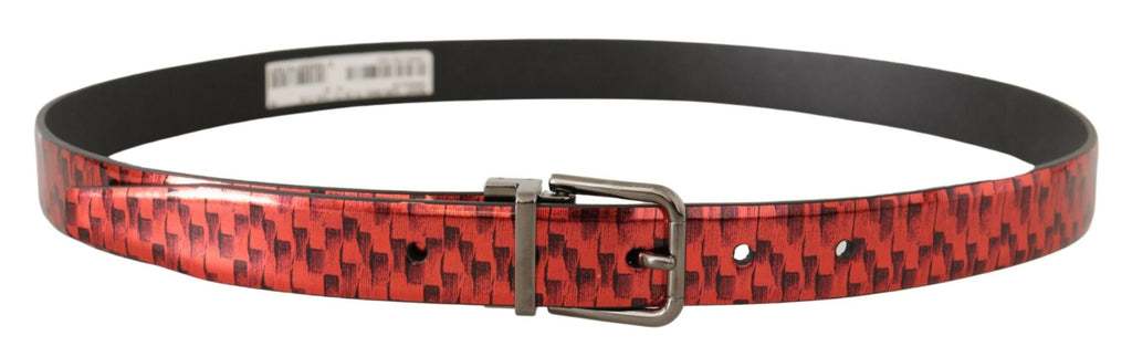 Dolce & Gabbana Red Herringbone Leather Gray Tone Buckle Belt - Zeiniez