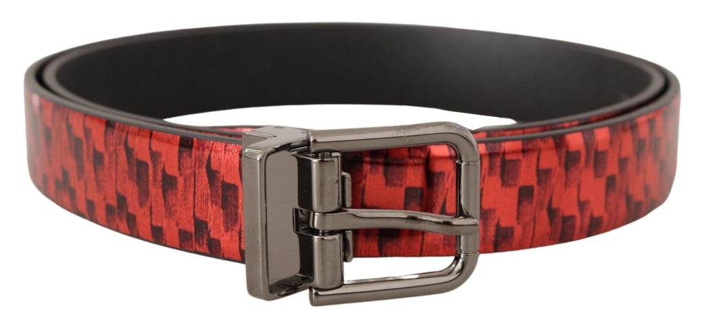 Dolce & Gabbana Red Herringbone Leather Gray Tone Buckle Belt - Zeiniez
