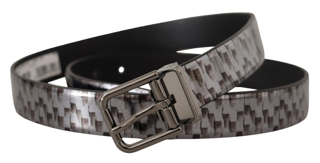 Dolce & Gabbana Gray Herringbone Leather Gray 3D Metal Buckle Belt - Zeiniez