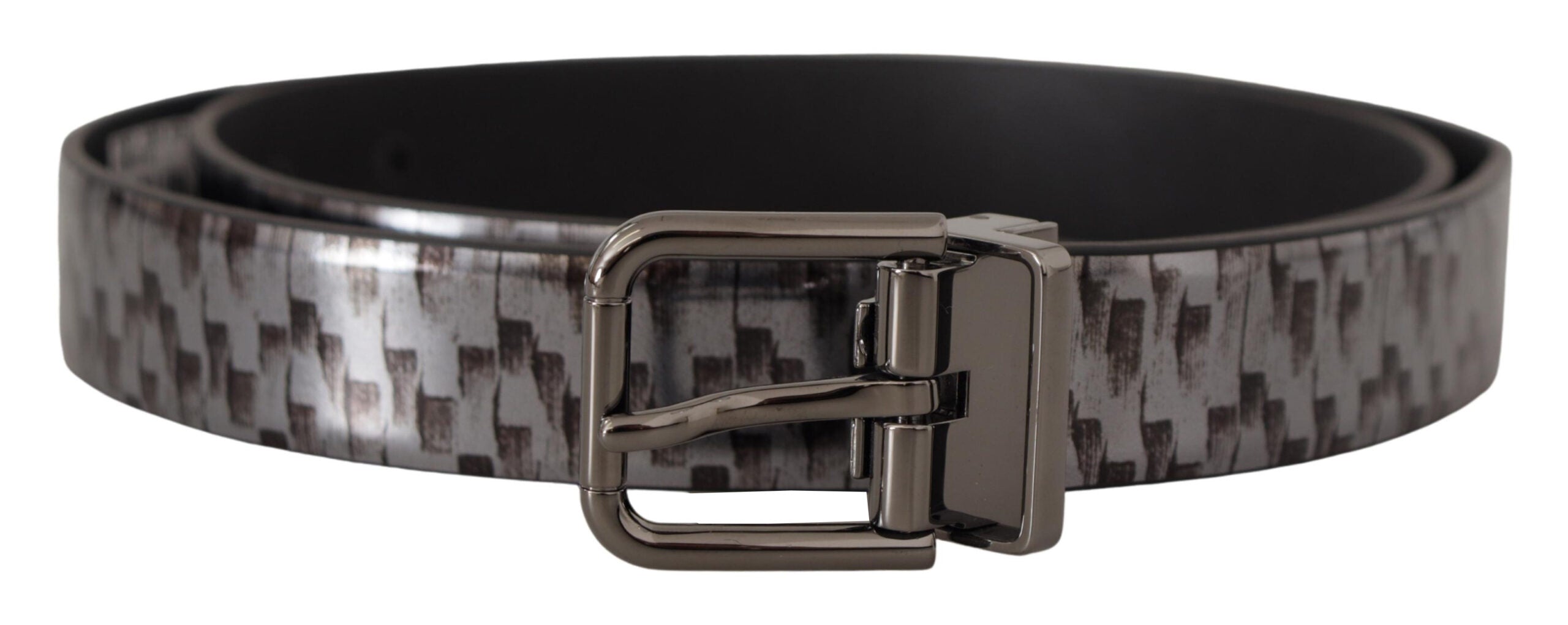 Dolce & Gabbana Gray Herringbone Leather Gray 3D Metal Buckle Belt - Zeiniez