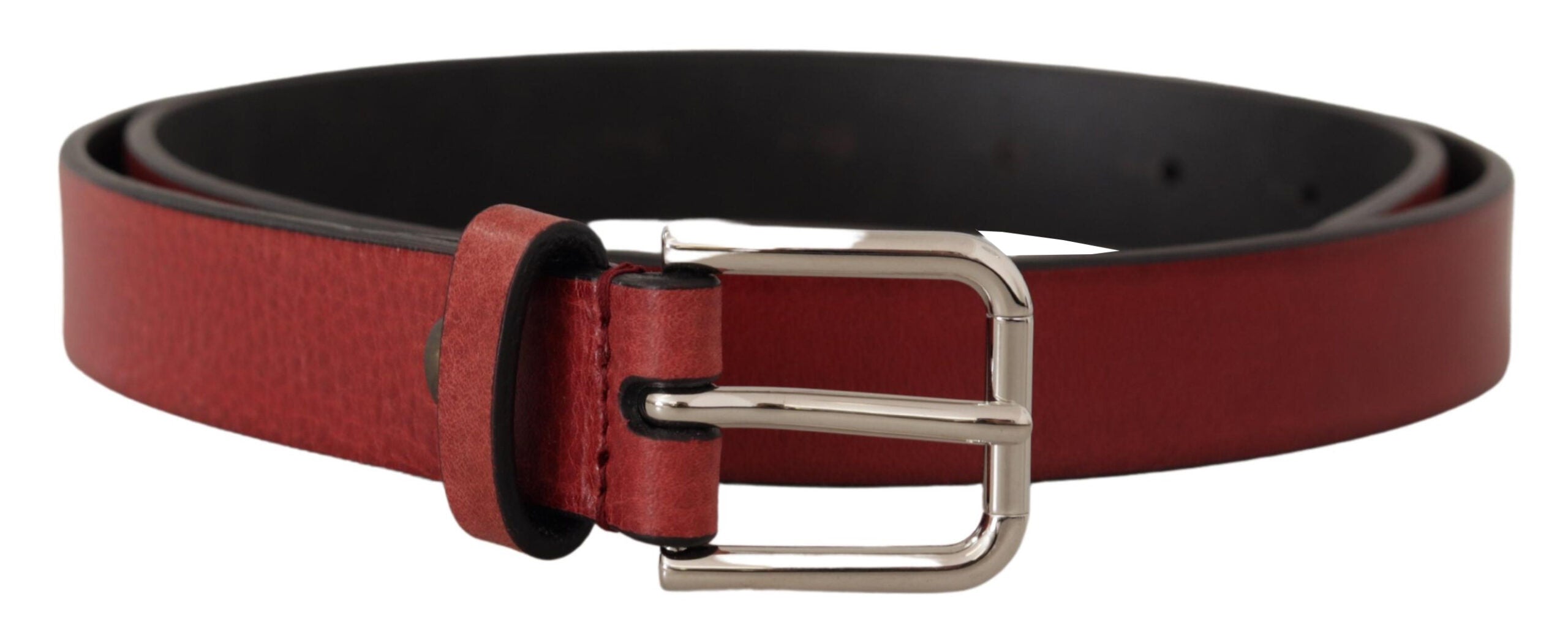 Dolce & Gabbana Maroon Vitello Leather Silver Metal Belt - Zeiniez