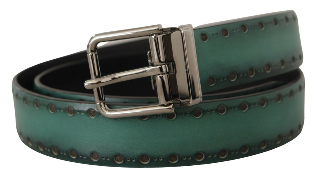 Dolce & Gabbana Green Giotto Leather Silver Metal Buckle Belt - Zeiniez