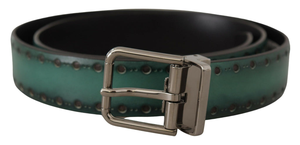 Dolce & Gabbana Green Giotto Leather Silver Metal Buckle Belt - Zeiniez