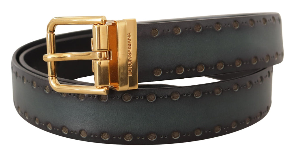 Dolce & Gabbana Green Perforated Leather Brass Metal Belt - Zeiniez