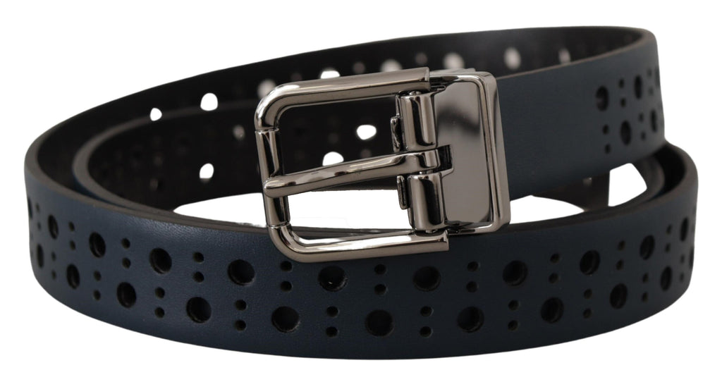 Dolce & Gabbana Navy Blue Perforated Leather Skinny Metal Buckle Belt - Zeiniez