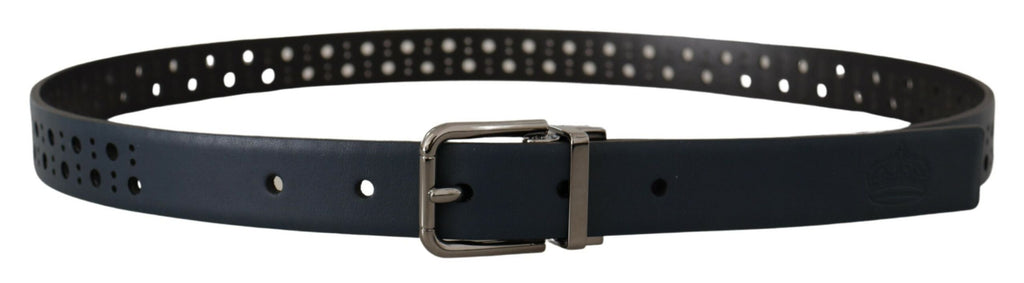 Dolce & Gabbana Navy Blue Perforated Leather Skinny Metal Buckle Belt - Zeiniez