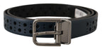 Dolce & Gabbana Navy Blue Perforated Leather Skinny Metal Buckle Belt - Zeiniez