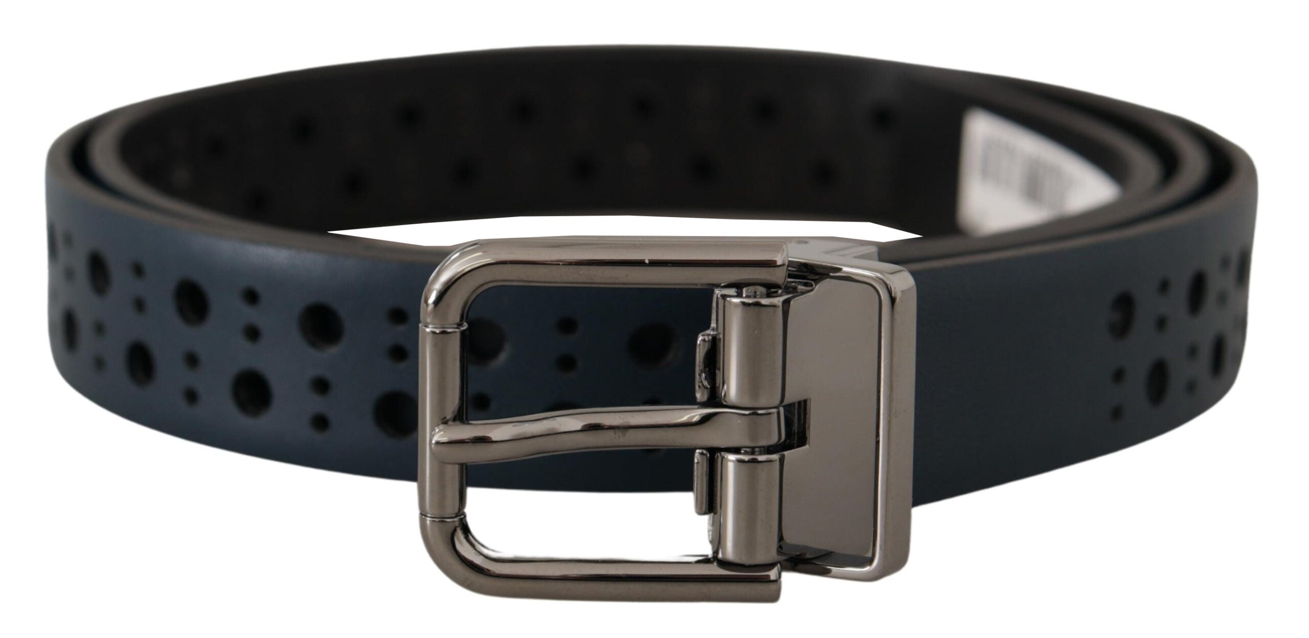Dolce & Gabbana Navy Blue Perforated Leather Skinny Metal Buckle Belt - Zeiniez
