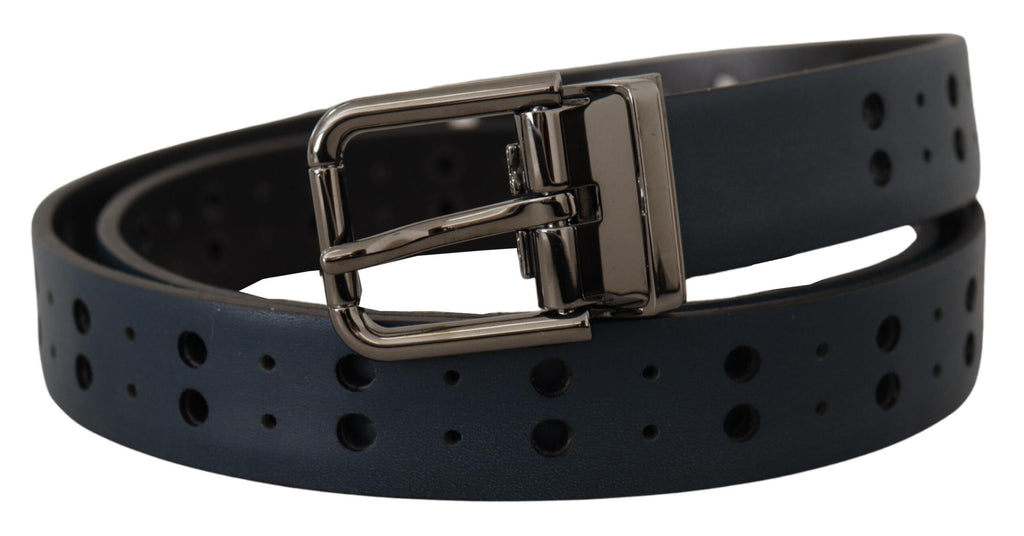 Dolce & Gabbana Blue Perforated Skinny Leather Metal Buckle Belt - Zeiniez