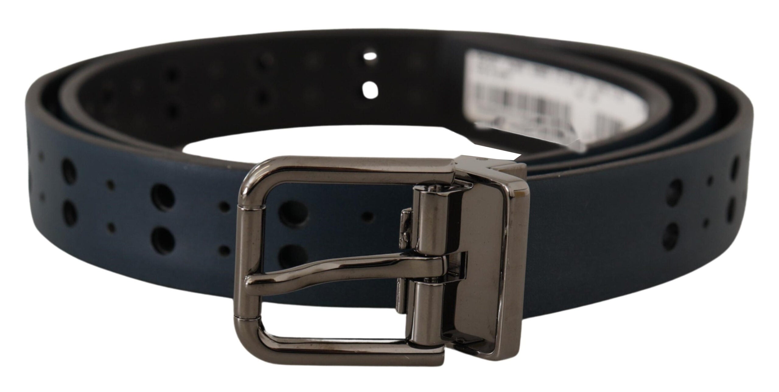 Dolce & Gabbana Blue Perforated Skinny Leather Metal Buckle Belt - Zeiniez