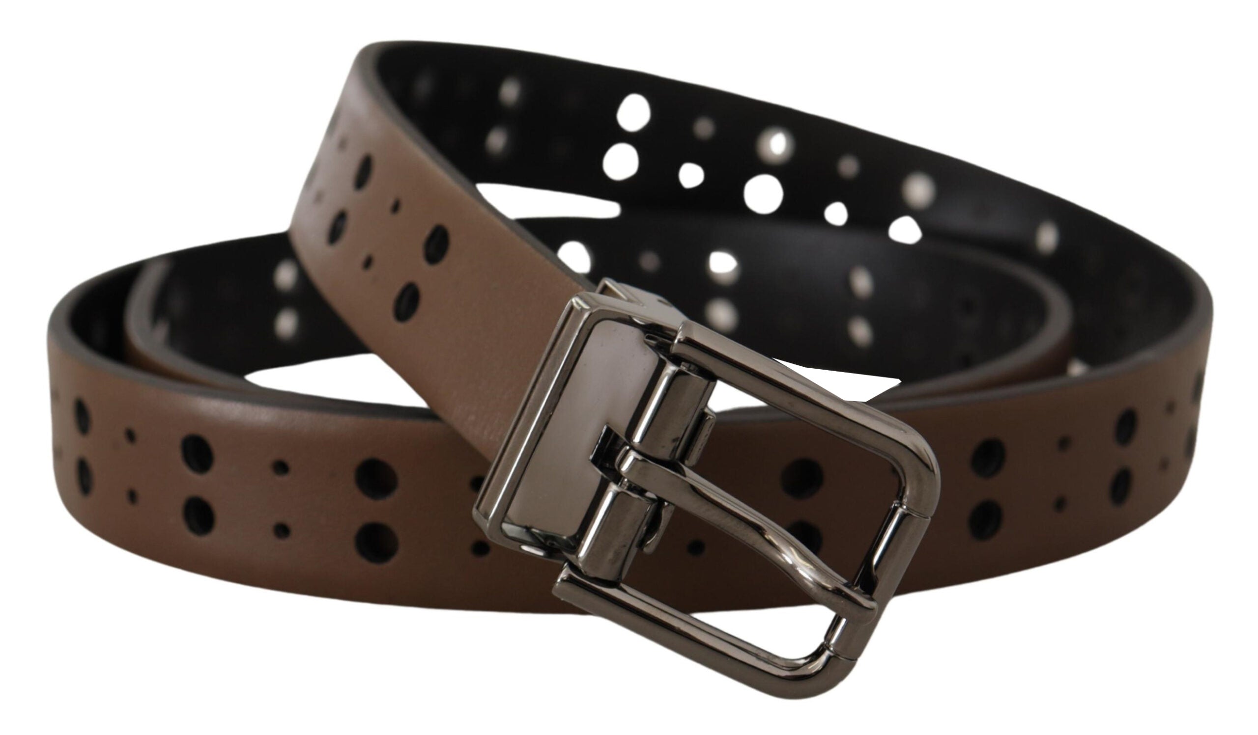 Dolce & Gabbana Dark Brown Perforated Leather Metal Belt - Zeiniez