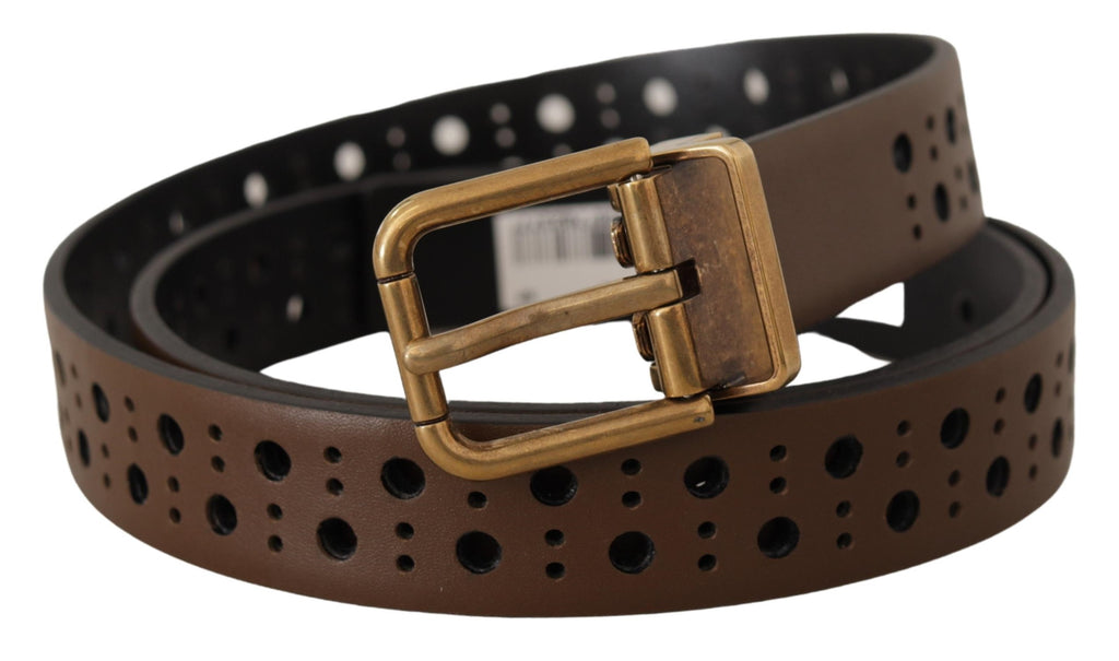Dolce & Gabbana Brown Leather Perforated Crown Belt - Zeiniez