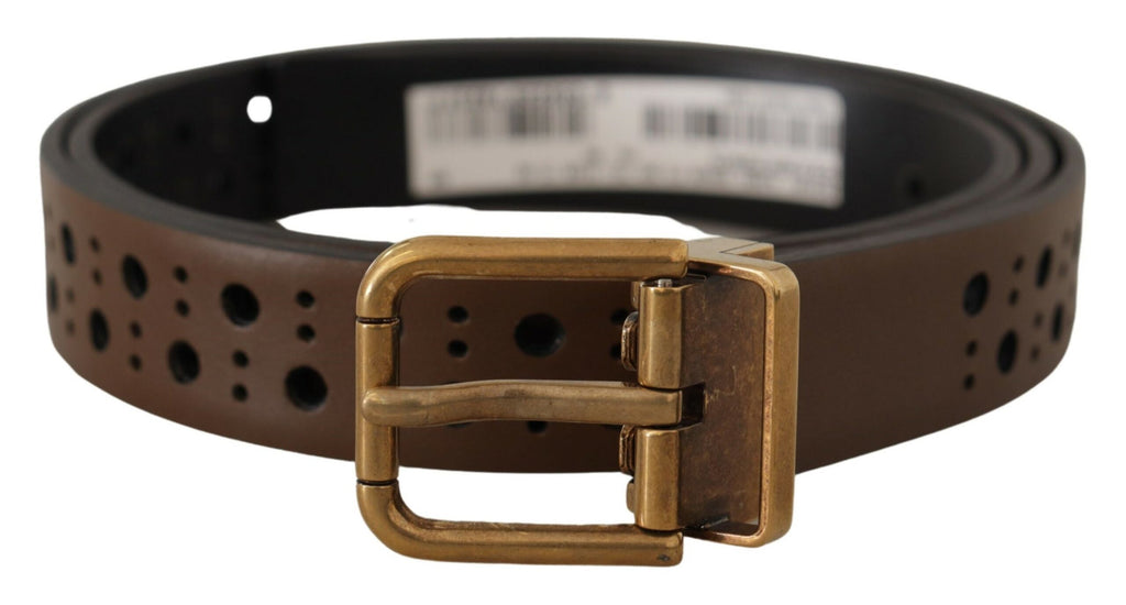 Dolce & Gabbana Brown Leather Perforated Crown Belt - Zeiniez