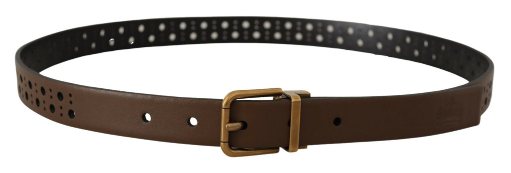 Dolce & Gabbana Brown Leather Perforated Crown Belt - Zeiniez
