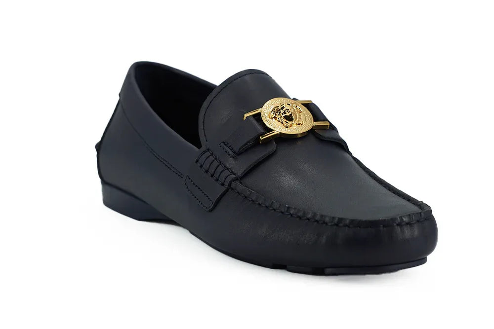Versace Navy Blue Calf Leather Loafers Shoes - Zeiniez