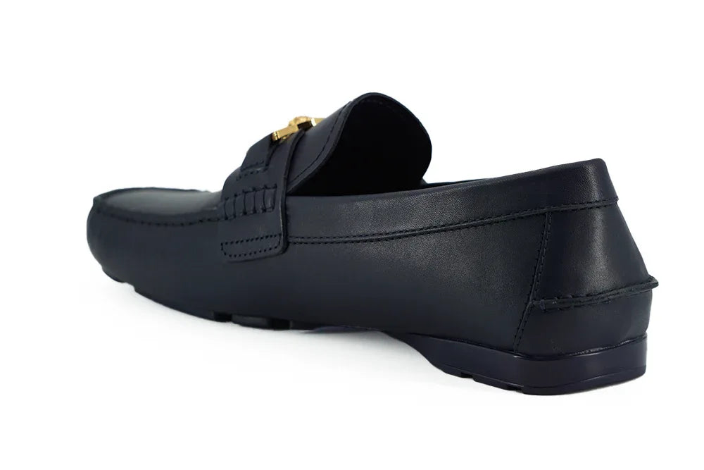 Versace Navy Blue Calf Leather Loafers Shoes - Zeiniez