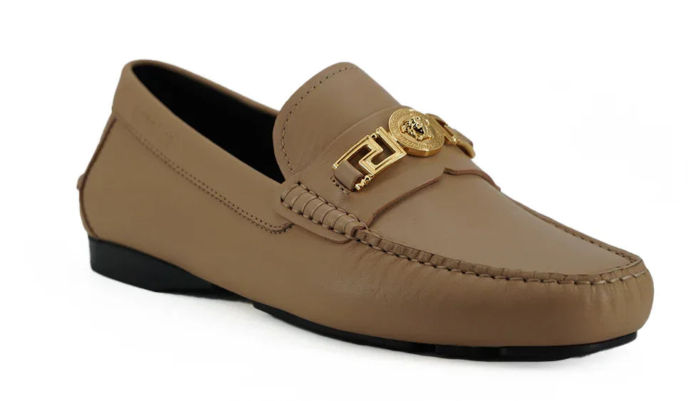Versace Beige Calf Leather Loafers Shoes - Zeiniez