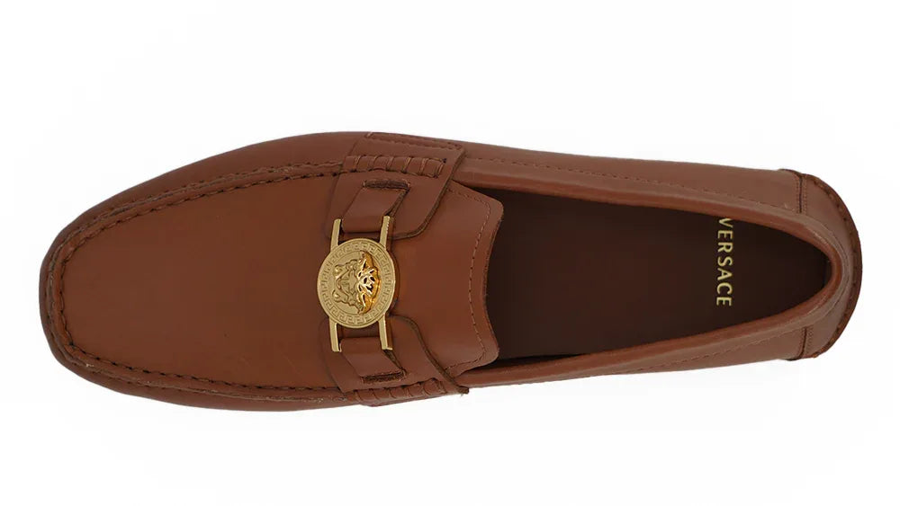 Versace Natural Brown Calf Leather Loafers Shoes - Zeiniez