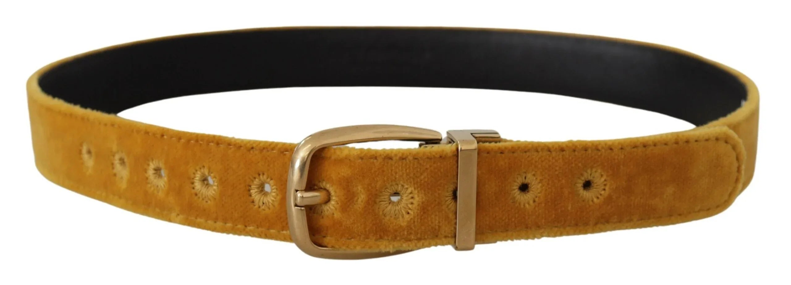 Dolce & Gabbana Mustard Velvet Gold Logo Engraved Metal Buckle Belt - Zeiniez