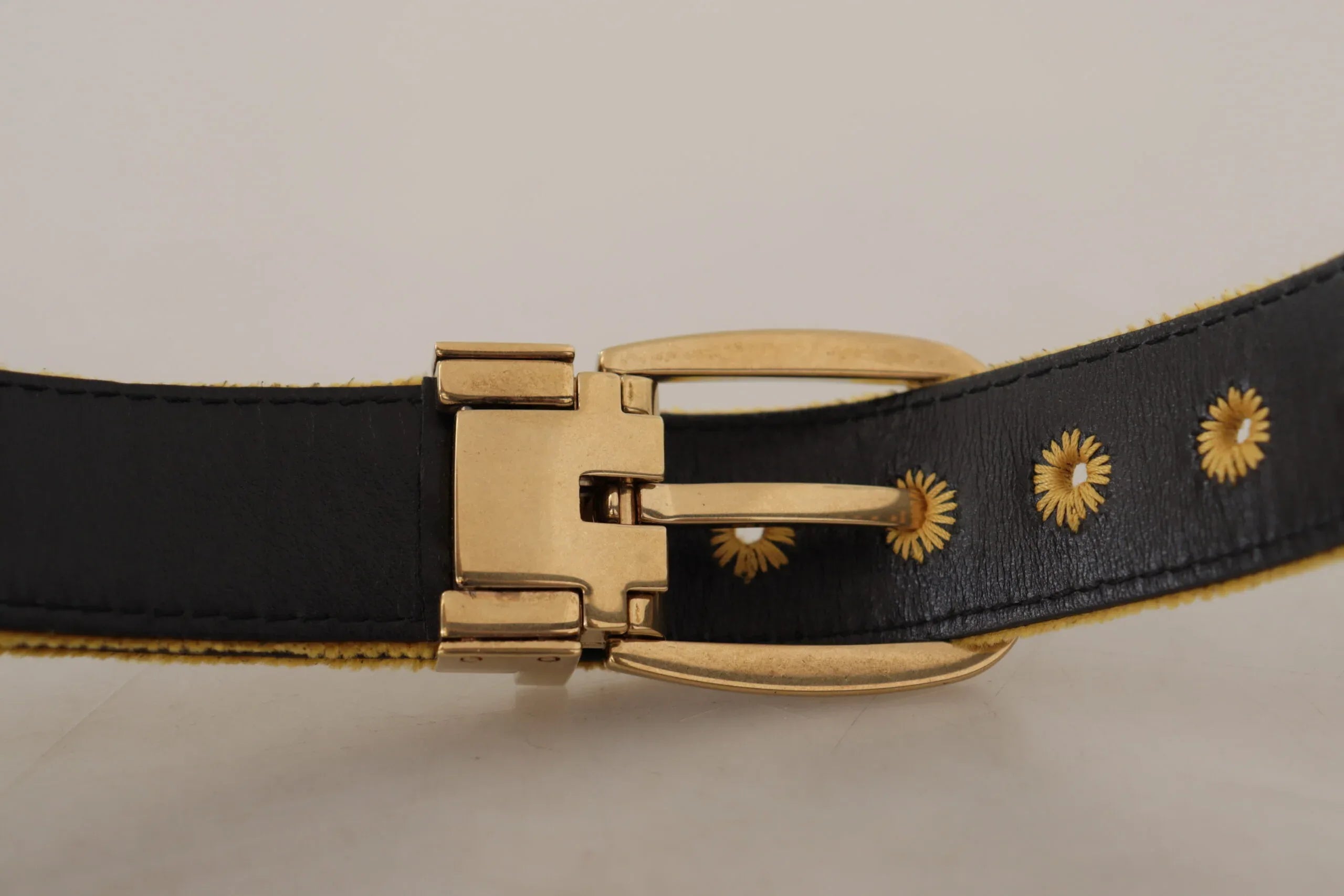 Dolce & Gabbana Mustard Velvet Gold Logo Engraved Metal Buckle Belt - Zeiniez