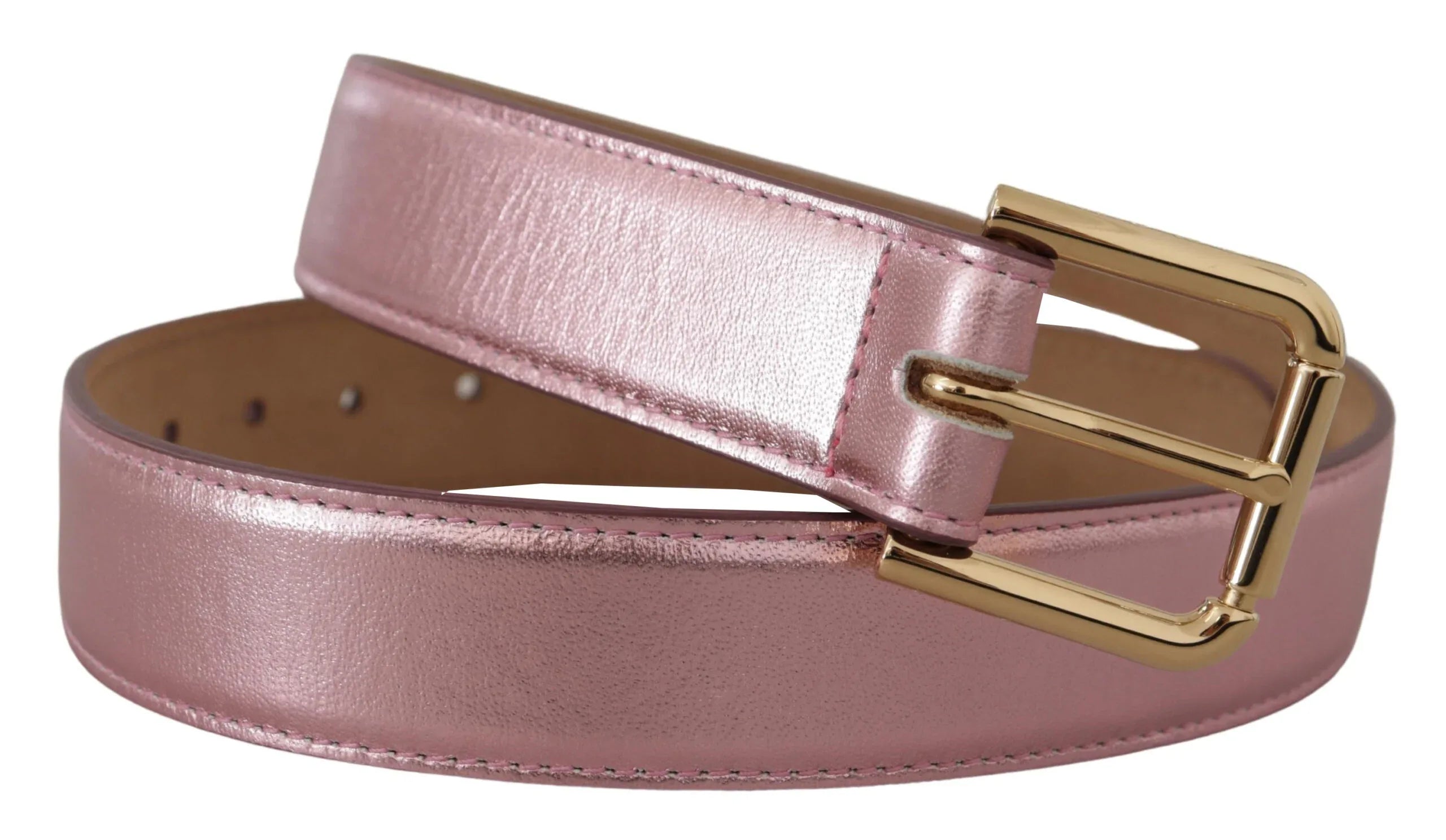 Dolce & Gabbana Metallic Pink Polished Leather Logo Metal Buckle Belt - Zeiniez