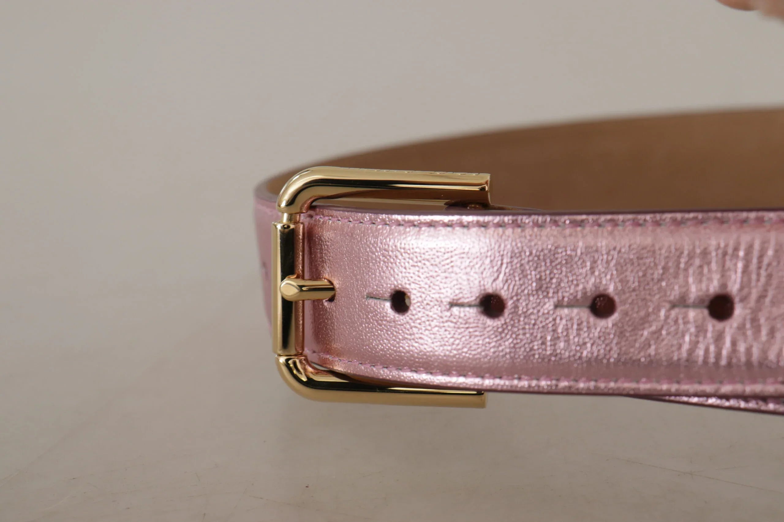 Dolce & Gabbana Metallic Pink Polished Leather Logo Metal Buckle Belt - Zeiniez