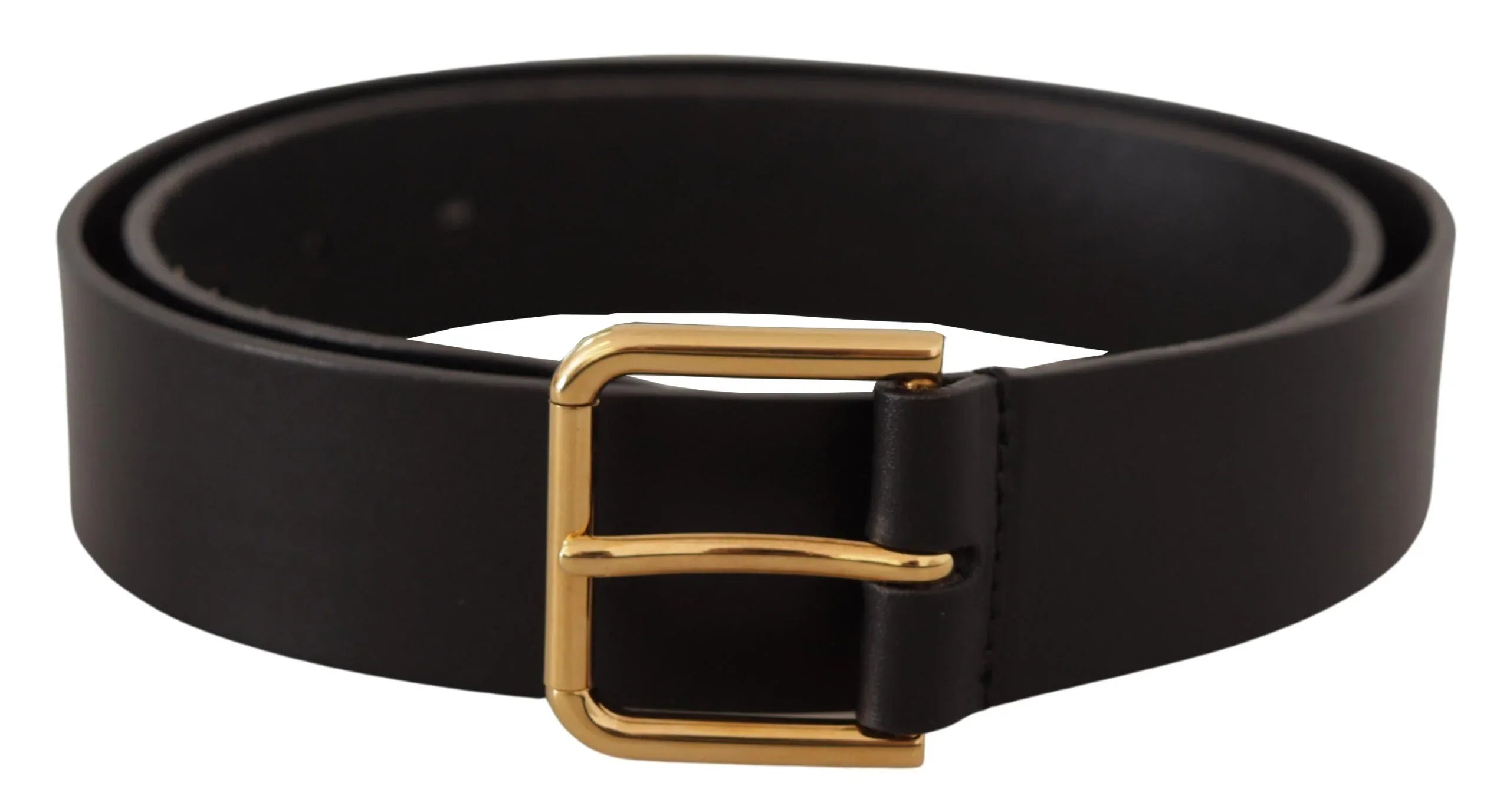 Dolce & Gabbana Black Calf Leather Gold Tone Logo Metal Buckle Belt - Zeiniez