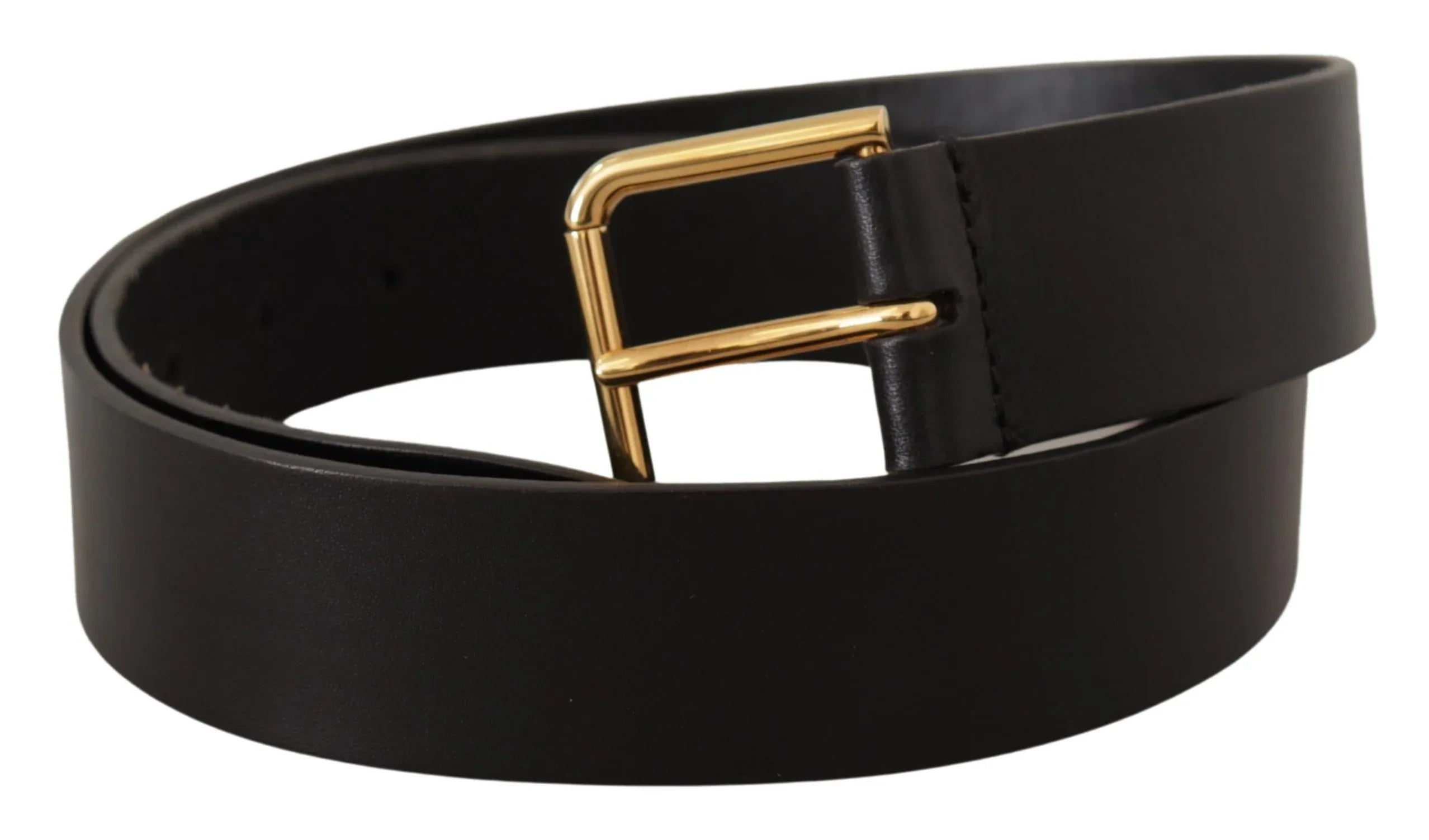 Dolce & Gabbana Black Calf Leather Gold Tone Logo Metal Buckle Belt - Zeiniez