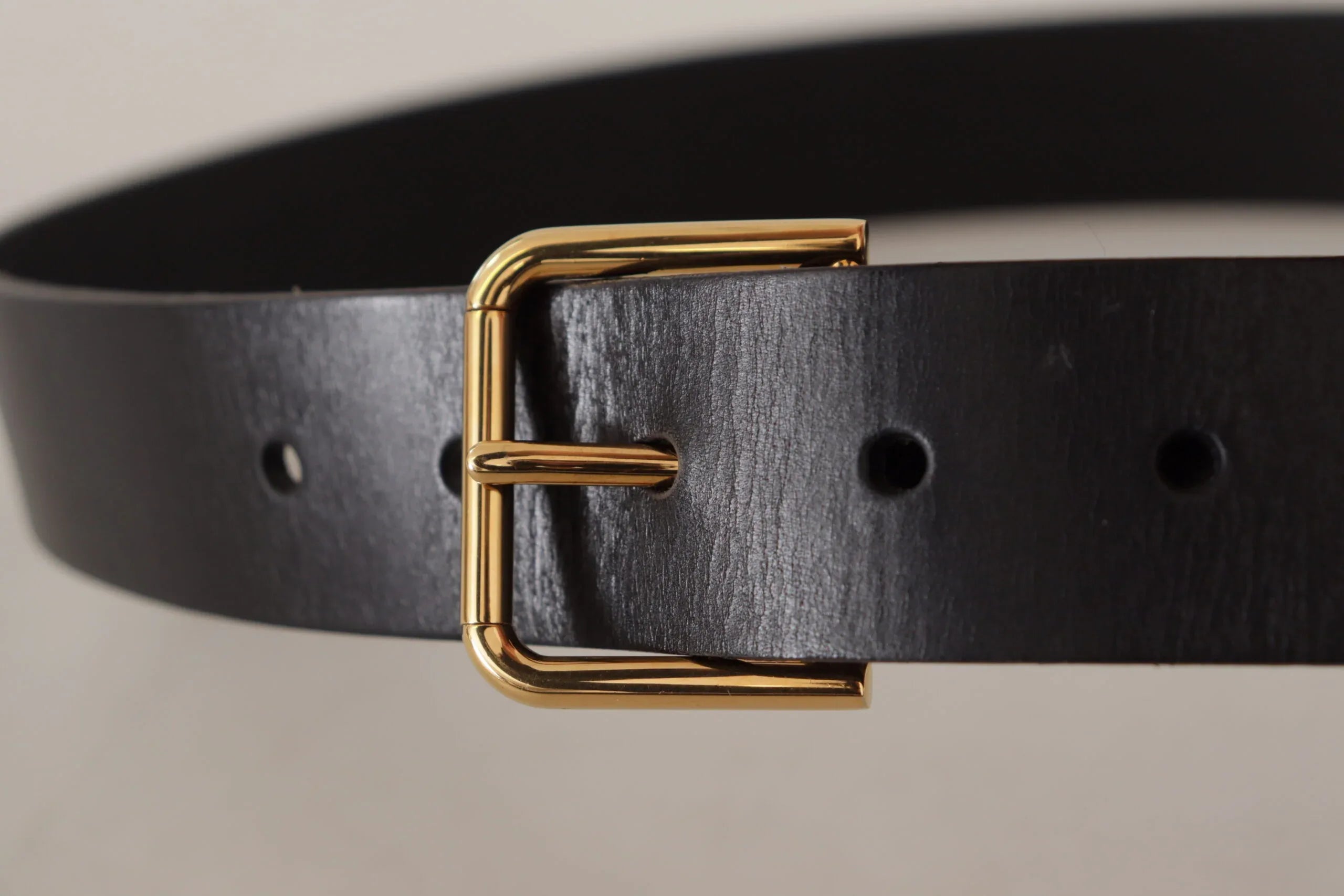 Dolce & Gabbana Black Calf Leather Gold Tone Logo Metal Buckle Belt - Zeiniez