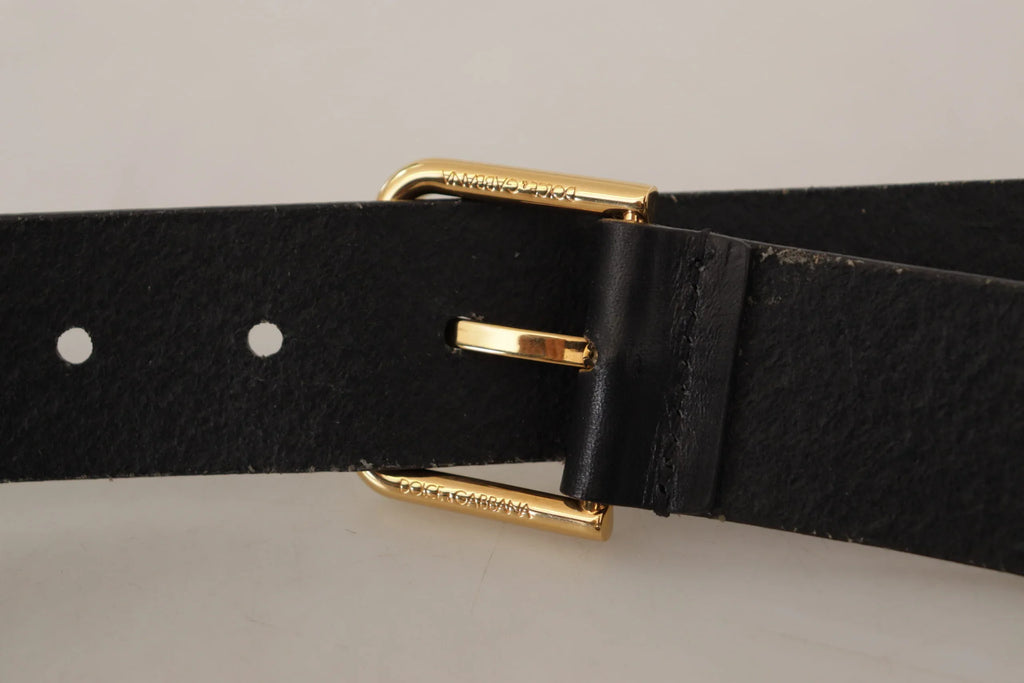 Dolce & Gabbana Black Calf Leather Gold Tone Logo Metal Buckle Belt - Zeiniez