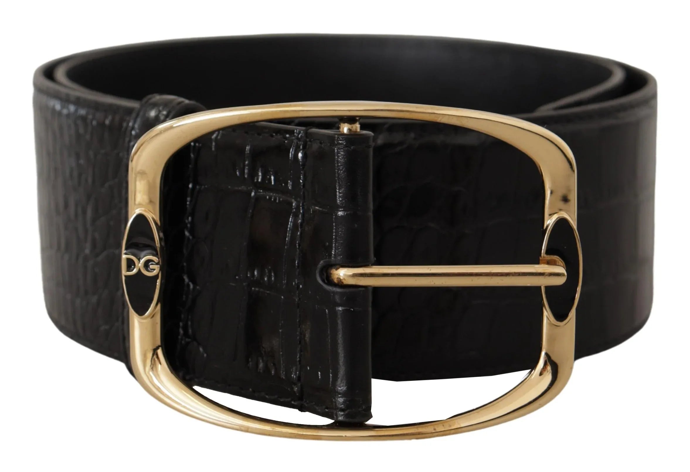 Dolce & Gabbana Black Crocodile Print Gold Metal DG Logo Buckle Belt - Zeiniez