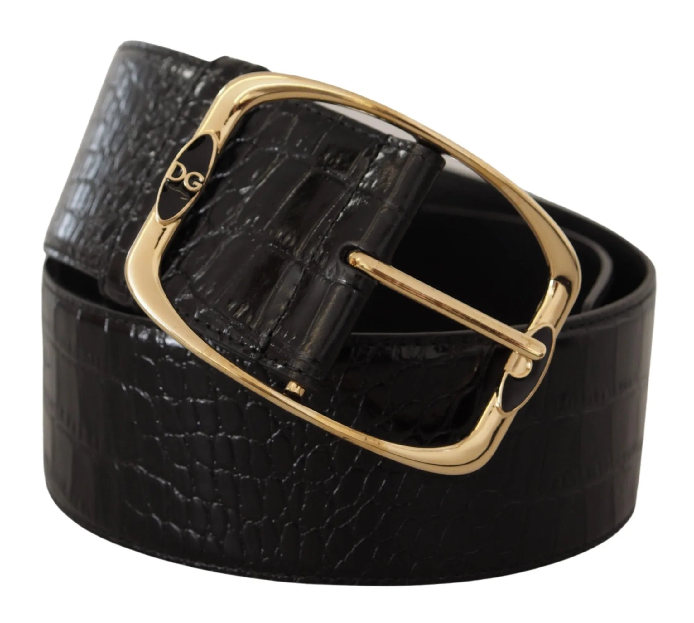 Dolce & Gabbana Black Crocodile Print Gold Metal DG Logo Buckle Belt - Zeiniez