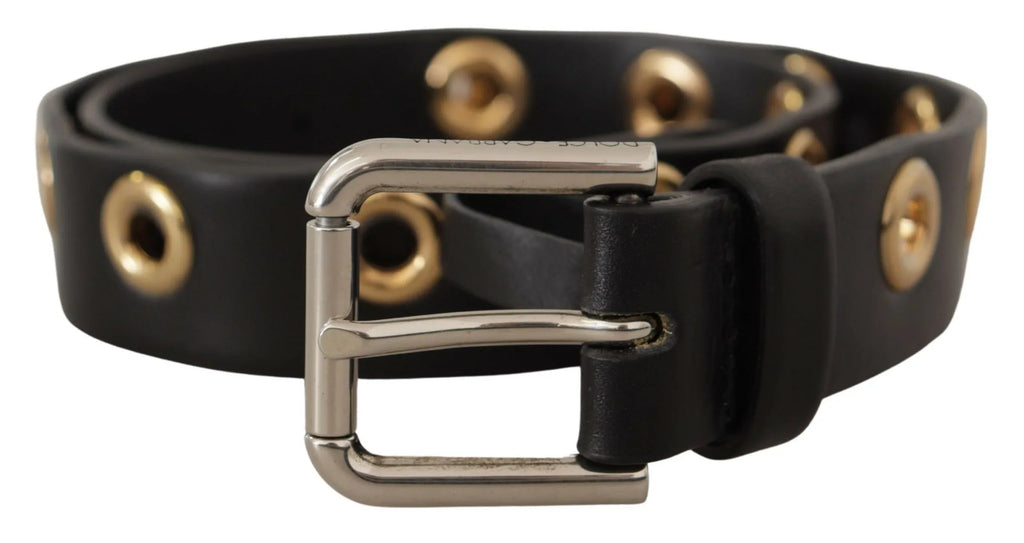 Dolce & Gabbana Black Leather Eyelet Silver Tone Metal Buckle Belt - Zeiniez